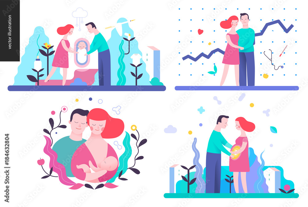 Obraz premium Reproduction - set of vector illustrtaions on conception, pregnancy and childbith