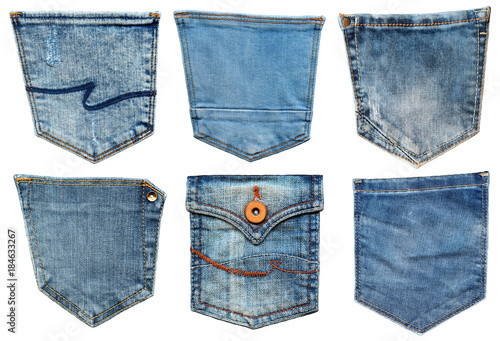 Jeans pocket isolated on white. Set of different jeans pocket.