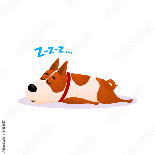 Funny cartoon sleeping dog portrait. Cute dozing flat character. Happy resting puppy of terrier isolated on white background. Napping doggy wearing red collar. Colorful vector illustration.