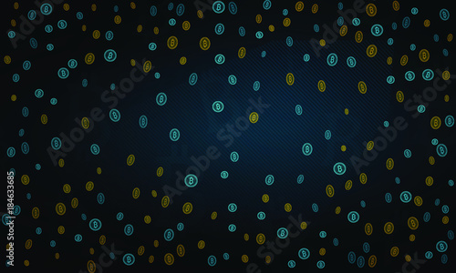 Bitcoins security business background. Bitcoin crypto mining visualization. Business wallet background, security currency exchange, vector model. Crypto virtual payment finance. Gold money trading.