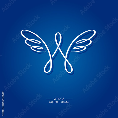 W letter. W monogram. Wings logo. The letter w with wings on a blue background. Linear logo.