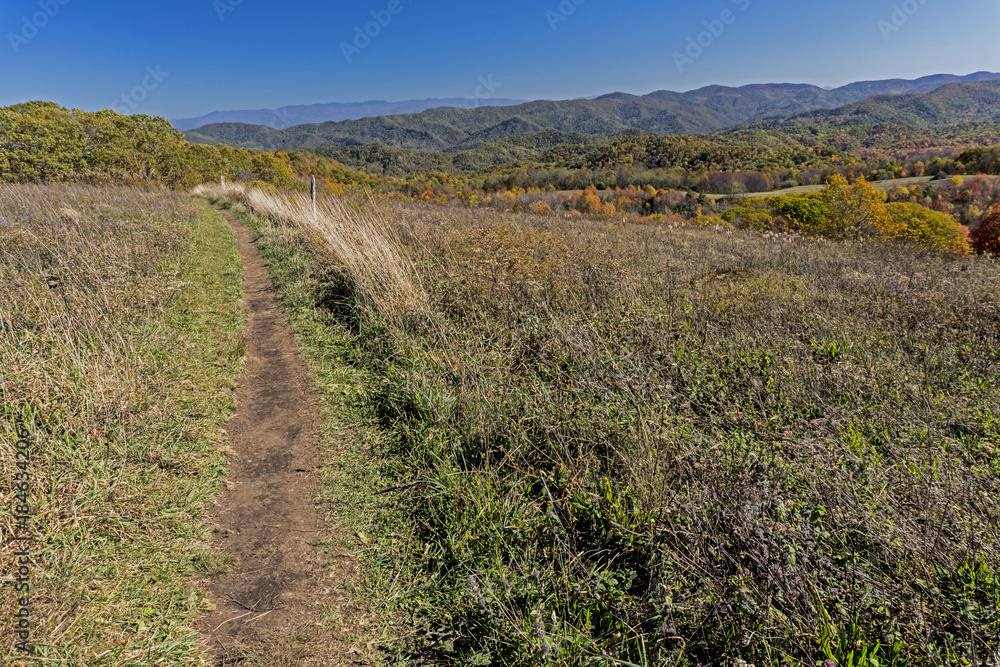 A hiking trail crosses over a bald on Max Patch Mountain. A hiking trail crosses over a bald on Max Patch Mountain.