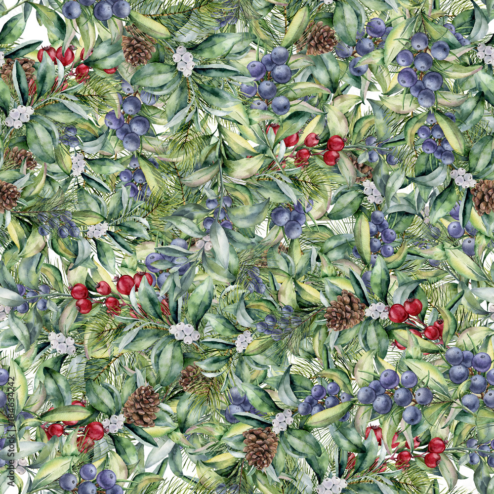 Obraz premium Watercolor floral pattern with eucalyptus leaves and berries. Hand painted exotic branch with white, red and blue berries isolated on white background. Botanical illustration for design and fabric.