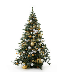 Christmas tree with golder patchwork ornament artificial star hearts balls bells presents for new year isolated 