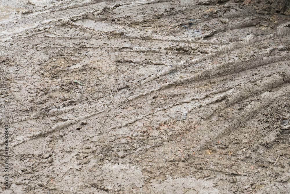 Naklejka premium Tire tread of car wheels in the mud.