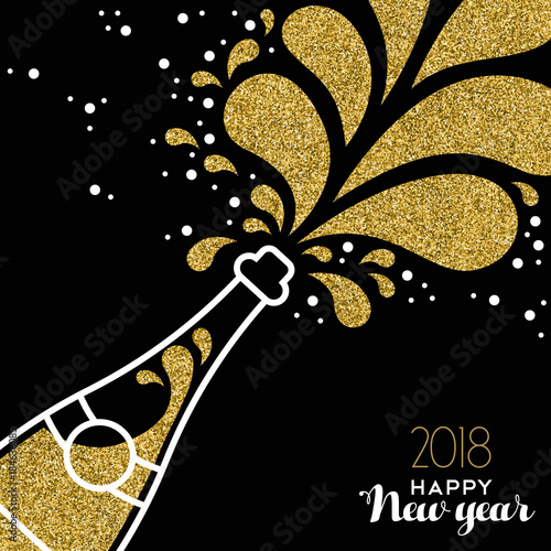 Happy new year 2018 gold glitter bottle splash