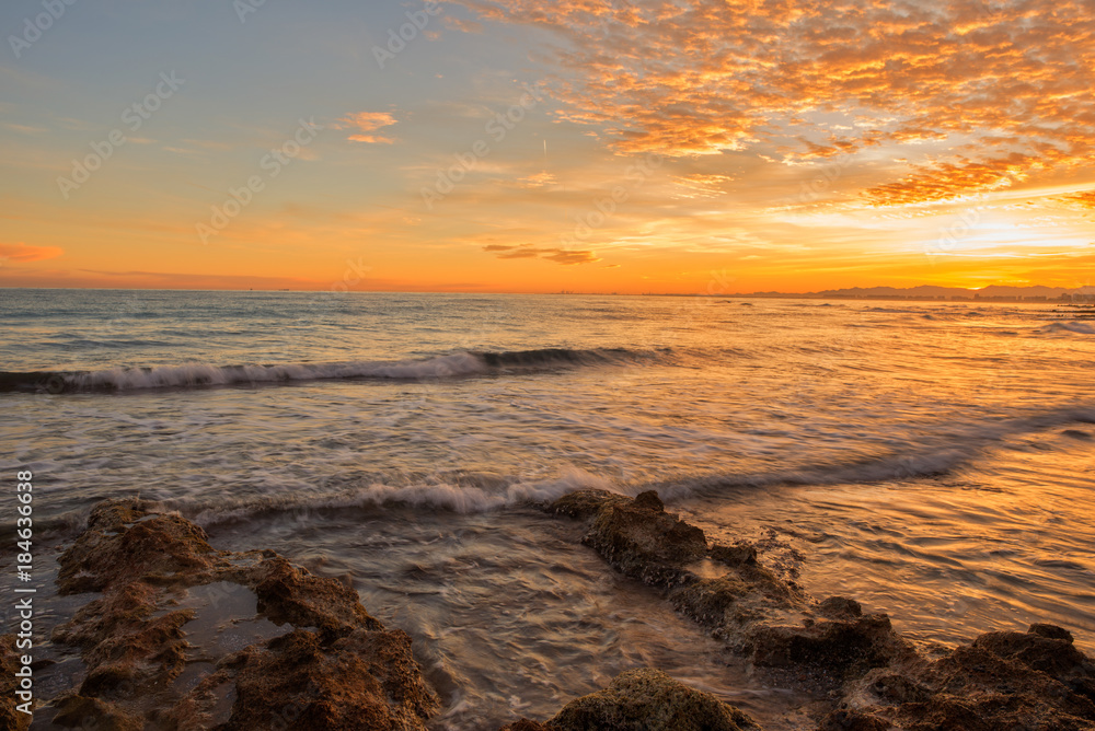 The coast of Oropesa del Mar at a sunrise