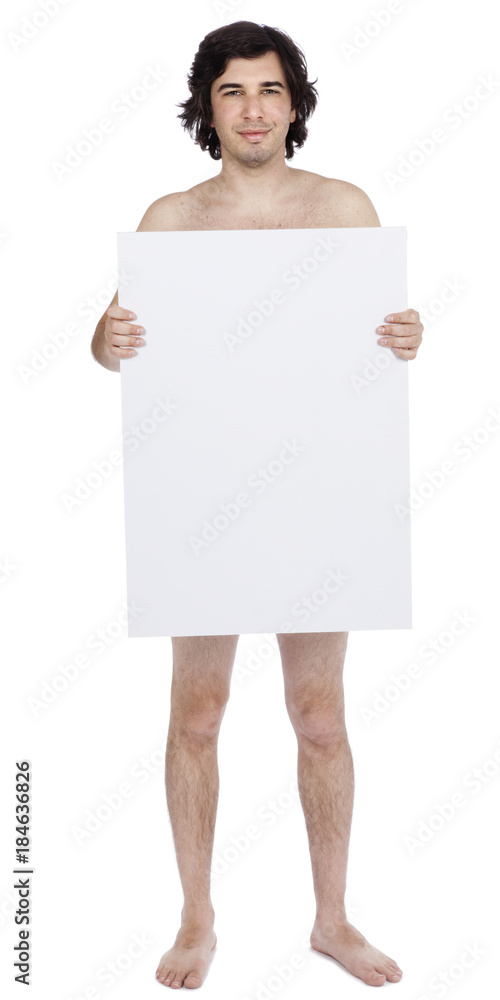 Isolated Caucasian Adult Nude Man Holding Sign Isolated Caucasian Adult Nude Man Holding Sign