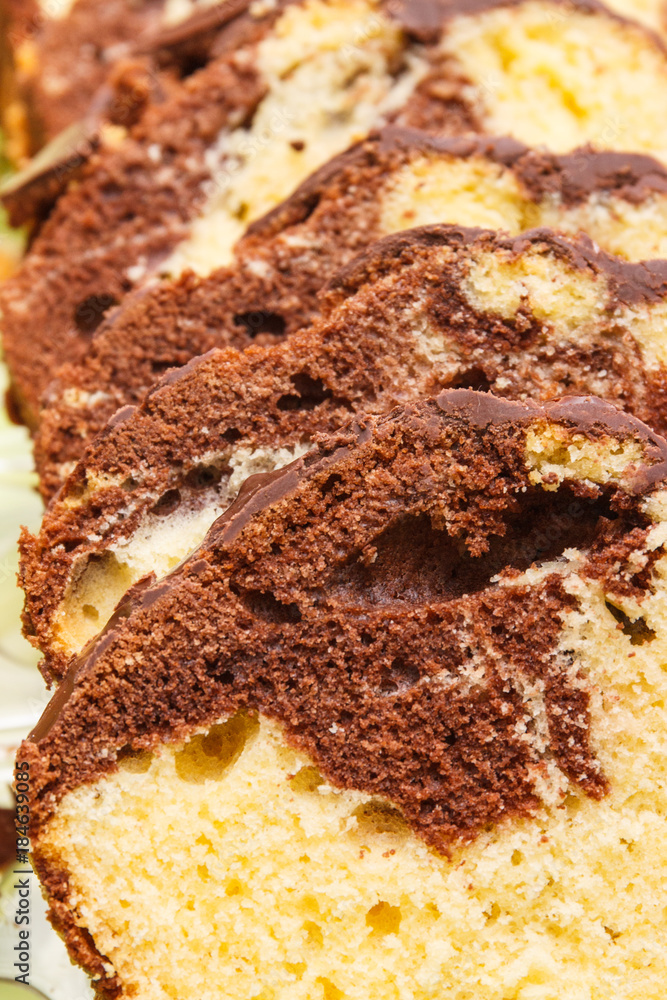 Fresh baked homemade marble cake with cocoa