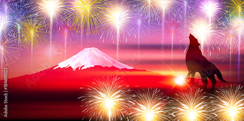戌　富士山　花火　背景