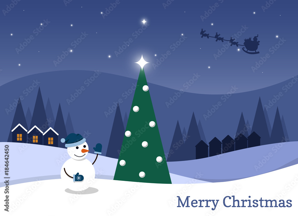 Naklejka premium Cartoon flat vector illustration starry Christmas night and happy snowman