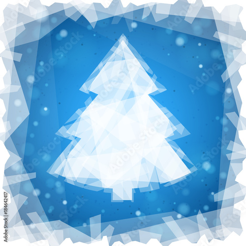 Frozen Christmas tree on a blue square background and snowflakes