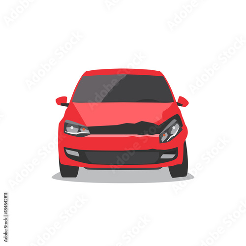 Damaged red car. Car accident. Front view
