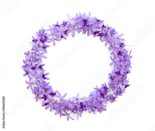 frame of purple flowers on a white background , card, greeting, template