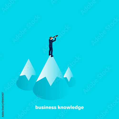 business knowledge, isometric image, business man standing on a mountain and look out into the distance through the telescope