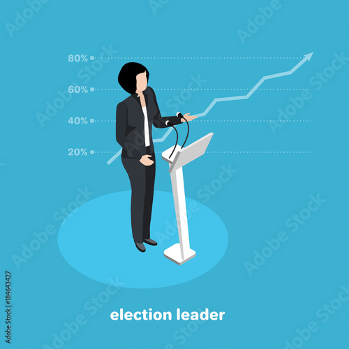 politically the leader at the rostrum, the leading candidate in the election on a blue background, isometric image