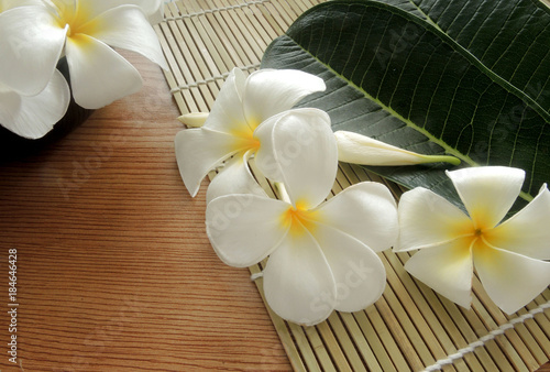 Plumeria flowers with green leaf on wooden table for spa and wellness concept.