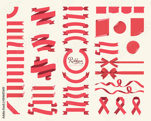 Set of red Ribbons, bows, banners, flags. Vector ribbon series.