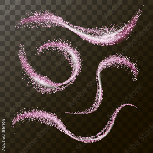 Glowing wave on black transparent backdrop. Magic set of glitter textures for fashion or other design. Pink glossy color. 