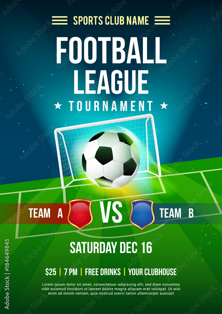 Fototapeta Piłka nożna liga turnieju plakatowa wektorowa ilustracja, piłka z futbolowym smoły tłem.