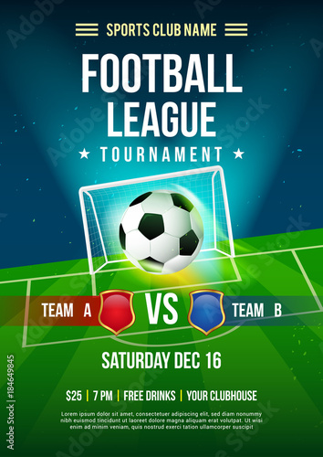 Fototapeta Piłka nożna liga turnieju plakatowa wektorowa ilustracja, piłka z futbolowym smoły tłem.