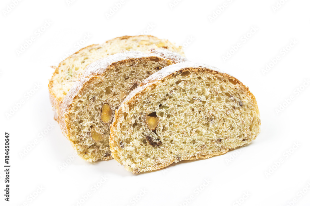 freshly baked bread isolated on white background Sliced bread, isolated on white