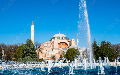 Exterior of the Hagia Sophia in Sultanahmet, Istanbul, on sunny day