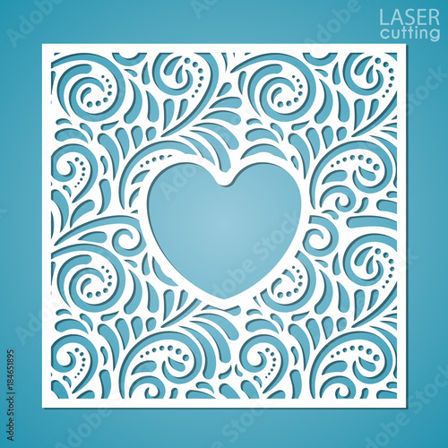 A square panel with lace pattern and heart-shaped frame in the center. Template for interior design, layouts wedding cards, invitations. Image suitable for laser cutting, plotter cutting or printing.