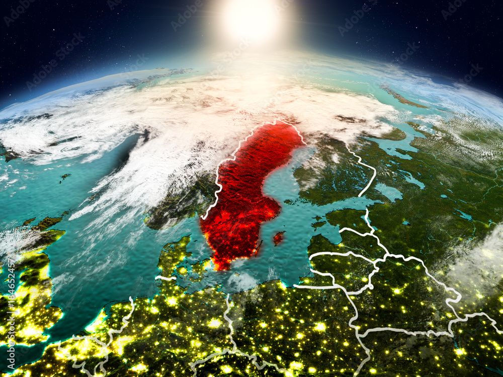 Sweden in sunrise from orbit