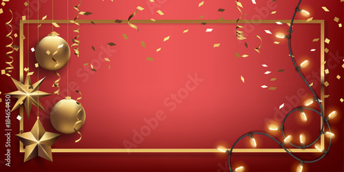 Vector illustration eps10 of happy new year and merry christmas 2018 background with star,chrsitmas ball,golden ribbon and confetti.