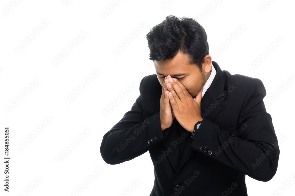 Portrait of a business man is sneeze. Isolated on white background Portrait of a business man is sneeze. Isolated on white background
