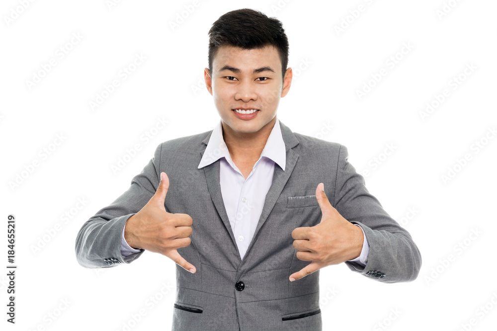 Portrait of a businessman making a calling sign with his hands. Isolated on white background Portrait of a businessman making a calling sign with his hands. Isolated on white background