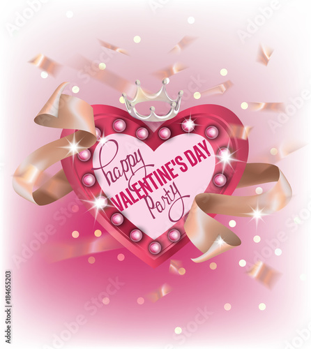 Valentines Day party banner with heart shaped light box and ribbons. Vector illustration