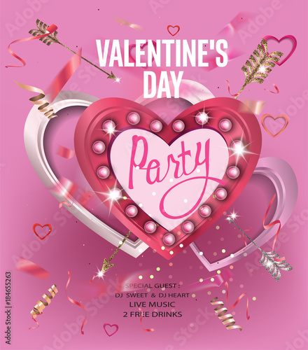 Valentines Day party invitation card with heart shaped light box , arrows and confetti. Vector illustration