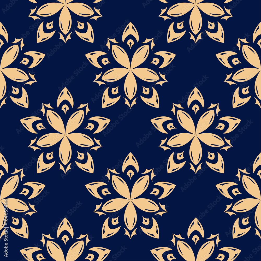 Fototapeta premium Golden floral element on dark blue background. Seamless pattern