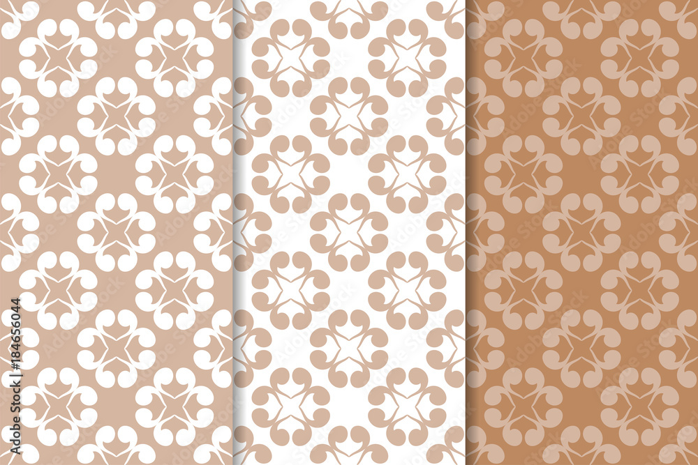 Brown floral backgrounds. Set of seamless patterns