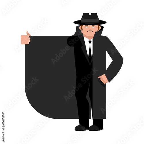 Smuggler selling something. Cloak-seller isolated. Dealer in hat and coat . Bootlegger. Seller prohibited goods of black marke. Legitimate trade. Vector illustration