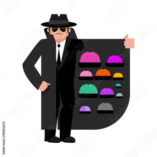 Smuggler selling Brains. Cloak-seller isolated. Dealer in hat and coat . Bootlegger. Seller prohibited goods of black marke. Legitimate trade. Vector illustration