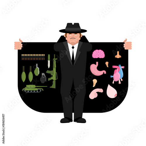 Smuggler selling Weapons and organs. Cloak-seller isolated. Dealer in hat and coat . Bootlegger. Seller prohibited goods of black marke. Legitimate trade. Vector illustration
