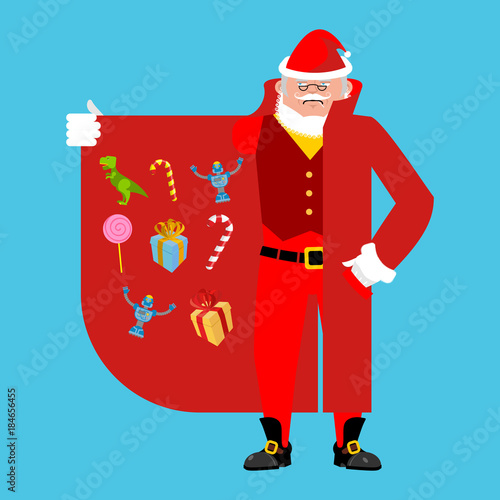 Santa Claus Smuggler selling gifts. Cloak-seller Male organs. Dealer in hat and coat . Bootlegger. Seller prohibited goods of black marke. Legitimate trade. Vector illustration