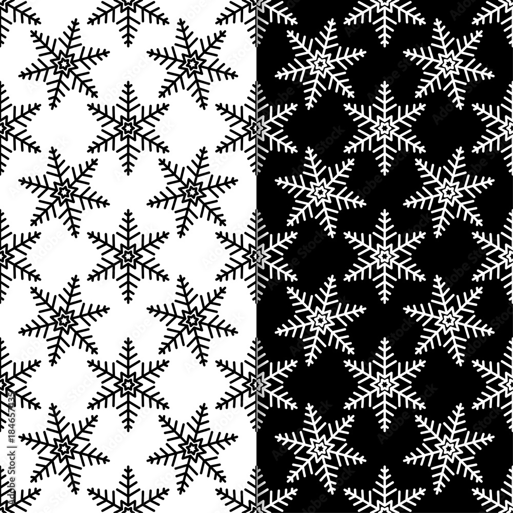 Snowflakes seamless patterns. Black and white backgrounds Snowflakes seamless patterns. Black and white backgrounds