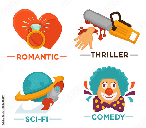Movie genre icons. Vector flat isolated symbols set for cinema or channel movie genre tag.