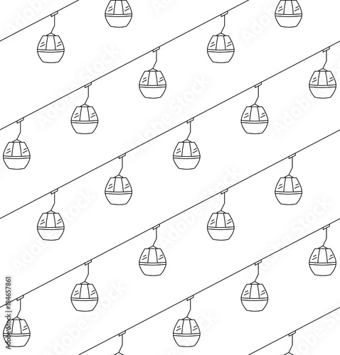 Ski cable lift for ski resort and winter sports. Seamless pattern with outline ski elevator. Vector illustration cable car.