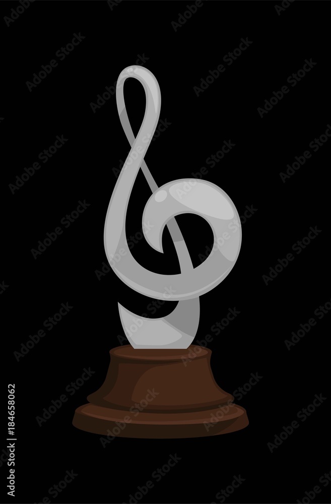 Silver music award in shape of treble clef on dark wooden stand isolated cartoon flat vector illustration on white background. Silver music award in shape of treble clef on dark wooden stand isolated cartoon flat vector illustration on white background.
