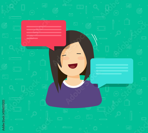 Flat cartoon woman character with bubble speeches vector illustration, idea of pretty young happy smiling girl saying or talking with positive emotions, funny teen speaking isolated