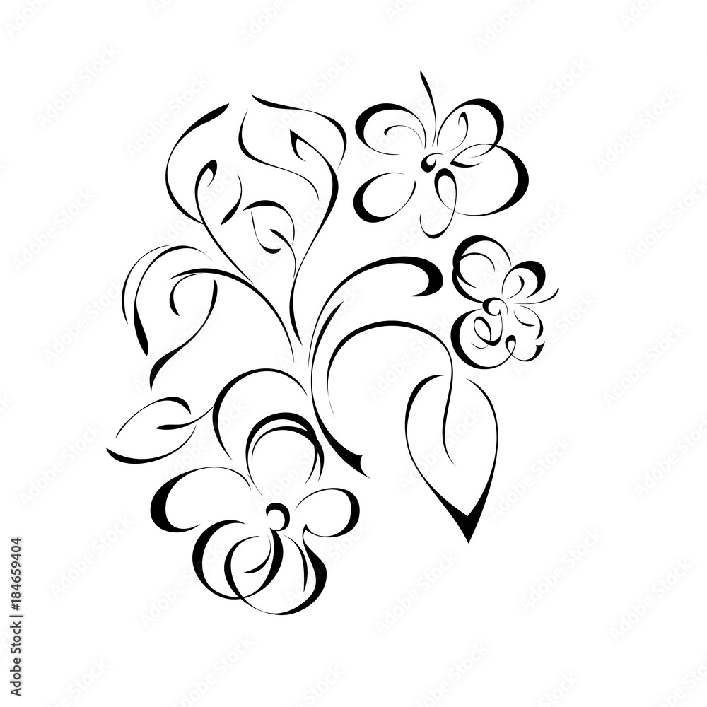 ornament 196. floral twig with three flowers and leaves in black lines on a white background