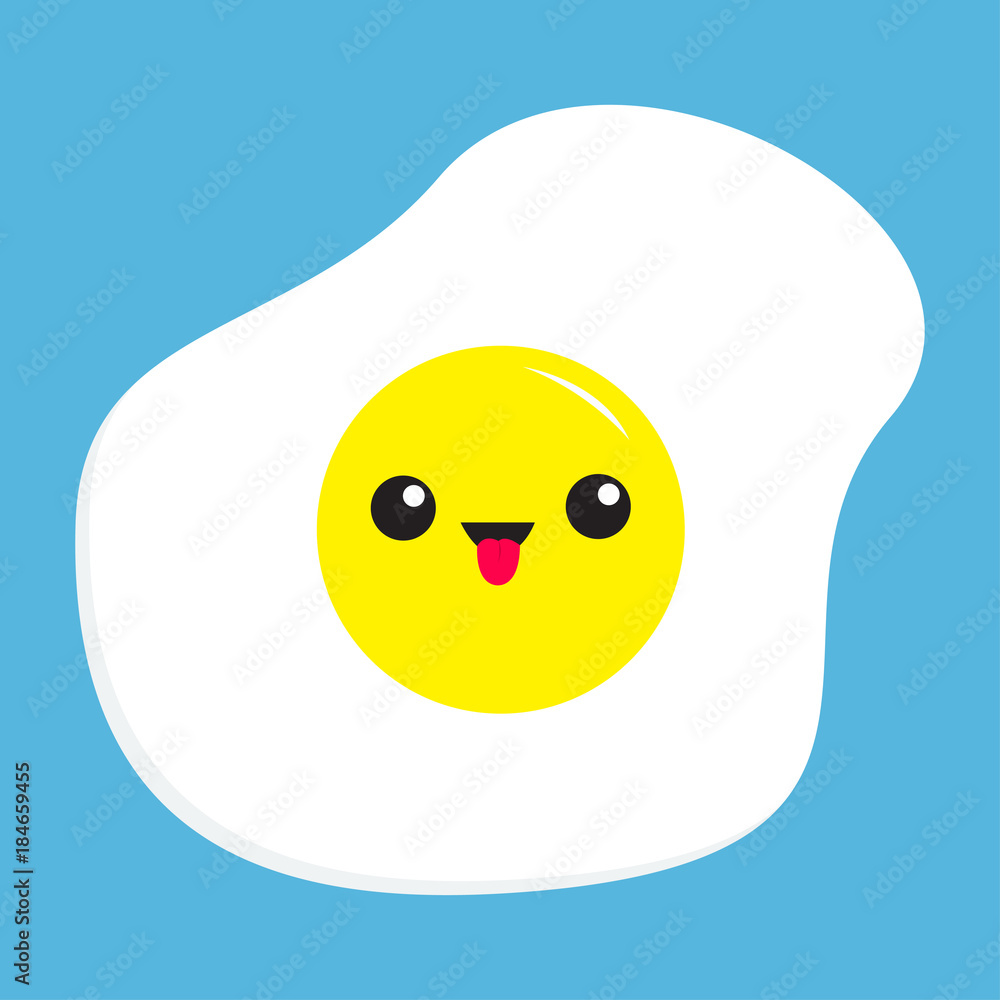 Fried egg icon. Cute cartoon character. Funny emoji with tongue and eyes. Breakfast food collection. Smiling yolk face head. Broken eggs. Flat design. Blue background. Isolated.