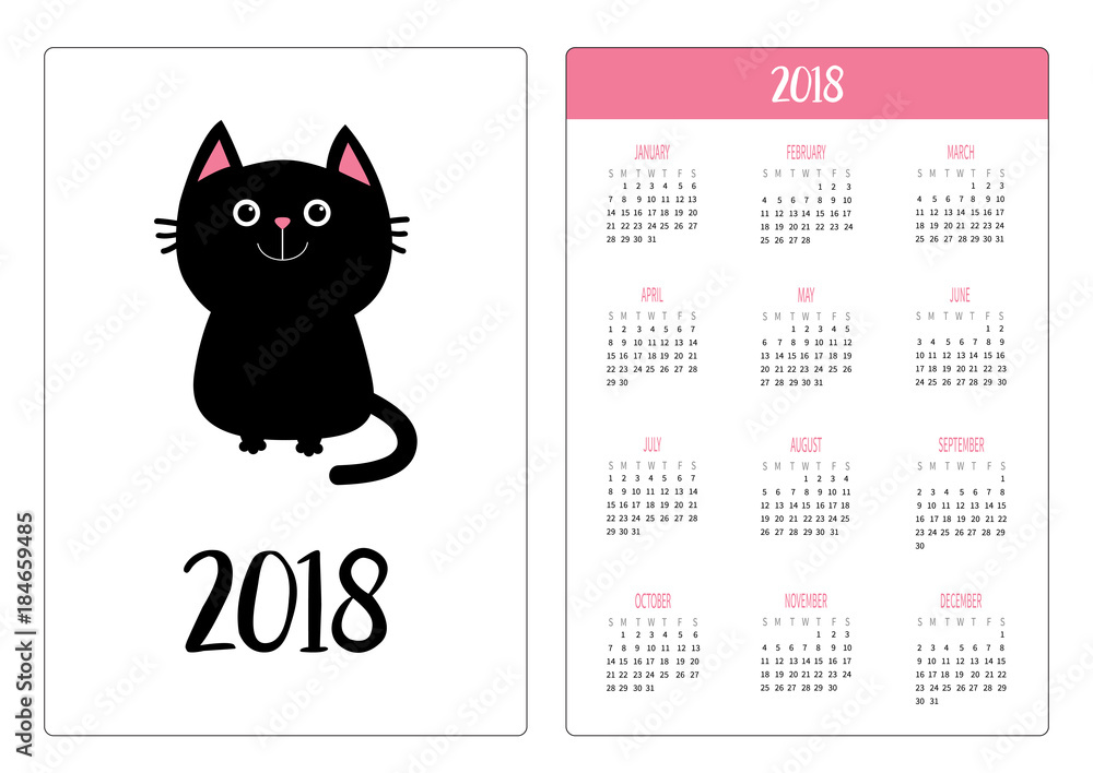 Pocket Calendar 18 Year Week Starts Sunday Black Cat Sitting Icon Cute Funny Cartoon Character Kawaii Animal Kitty Kitten Baby Pet Collection White Background Flat Design Stock Vector Adobe Stock