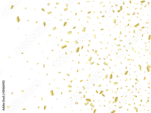 Golden Tinsel Flying Confetti. Christmas  New Year  Birthday Party Background. Holidays Creative Luxury VIP Confetti Decoration. Gold Glitter  Sparkling Rich Border. Elegant Texture  Golden Tinsel.
