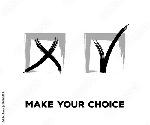 Yes and No Vector Set Square Frames, Isolated.  Hand Painted Election, Quizz, Voting, Test Symbols. Ink Brush Rejection and Approval, Query Choice Icons. Yes and No Tick and Cross Symbolic Marks.